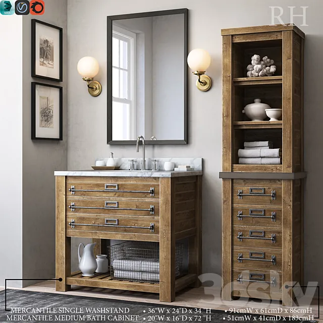 MERCANTILE SINGLE WASHSTAND and MERCANTILE MEDIUM BATH CABINET 3DModel MERCANTILE SINGLE WASHSTAND and MERCANTILE MEDIUM BATH CABINET 3DModel