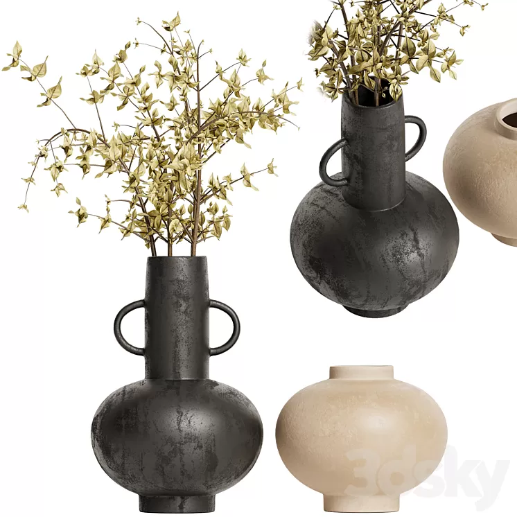 Merriman Black Vase & Terracotta vase set with Dried Plants 3D Model Merriman Black Vase & Terracotta vase set with Dried Plants 3D Model