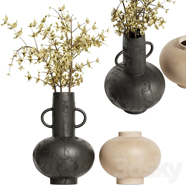 Merriman Black Vase & Terracotta vase set with Dried Plants 3DModel Merriman Black Vase & Terracotta vase set with Dried Plants 3DModel