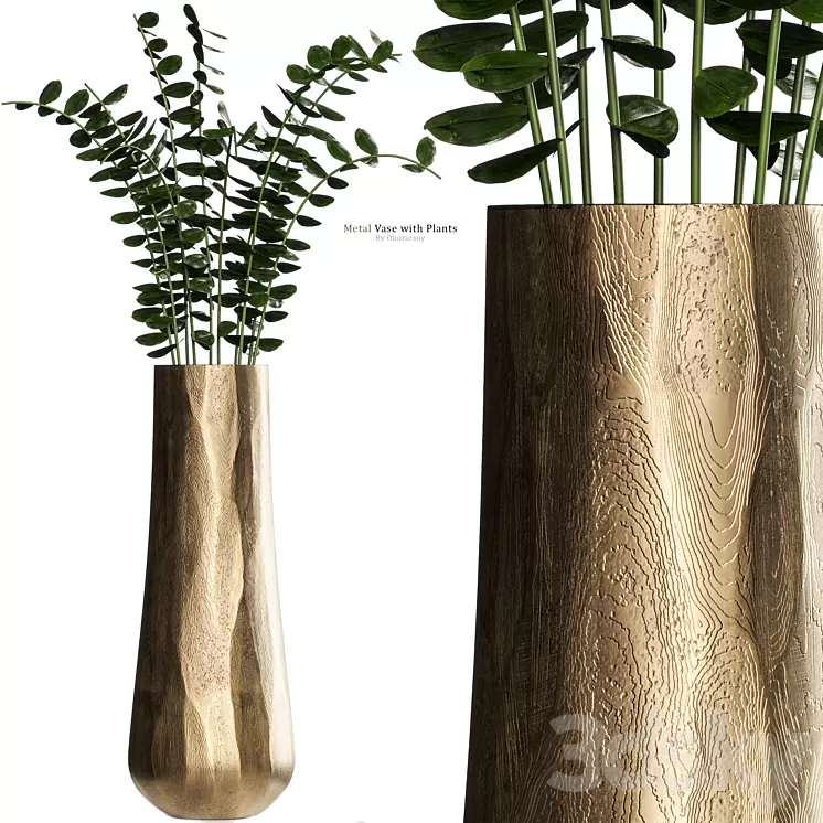 Metal Antiqued Brass Vase with Plant 3D Model Free Download