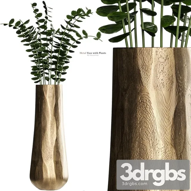 Metal antiqued brass vase with plant Metal antiqued brass vase with plant