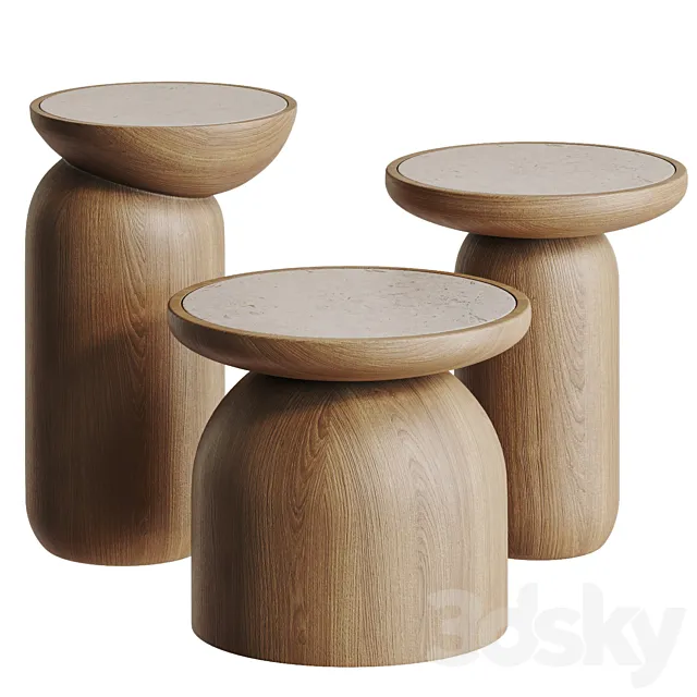 Mezcalitos Set Contemporary White Oak Limestone Side Table by SinCa Design 3D Model