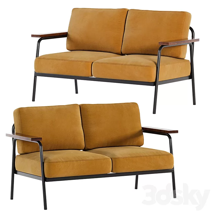 Mid Century Modern Loveseat with 2 Pillows Back and Square Arms 3D Model Free Download