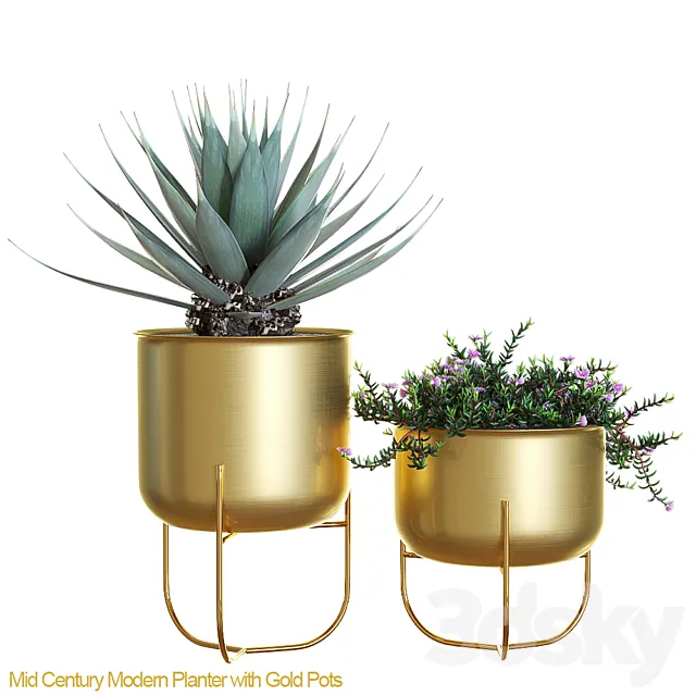 Mid century modern planter with gold pots 3D Model Mid century modern planter with gold pots 3D Model