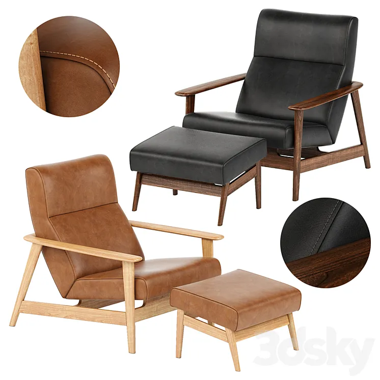 Mid-Century Show Wood Leather Chair and Ottoman 3D Model Free Download