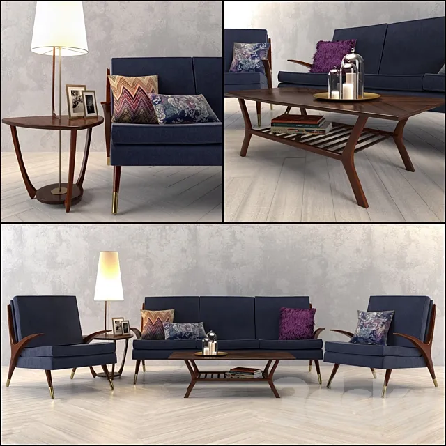 Mid Century Sofa and Chair set # 2 3D Model