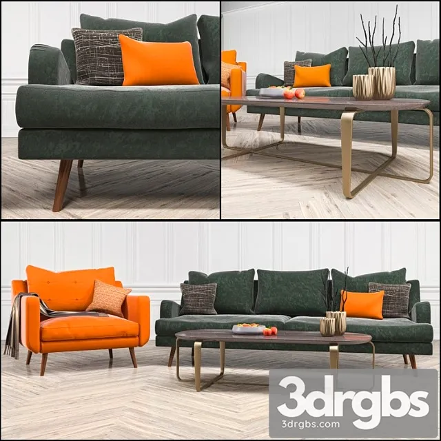 Mid Century Sofa And Chair Set 3 1 3D Model Download