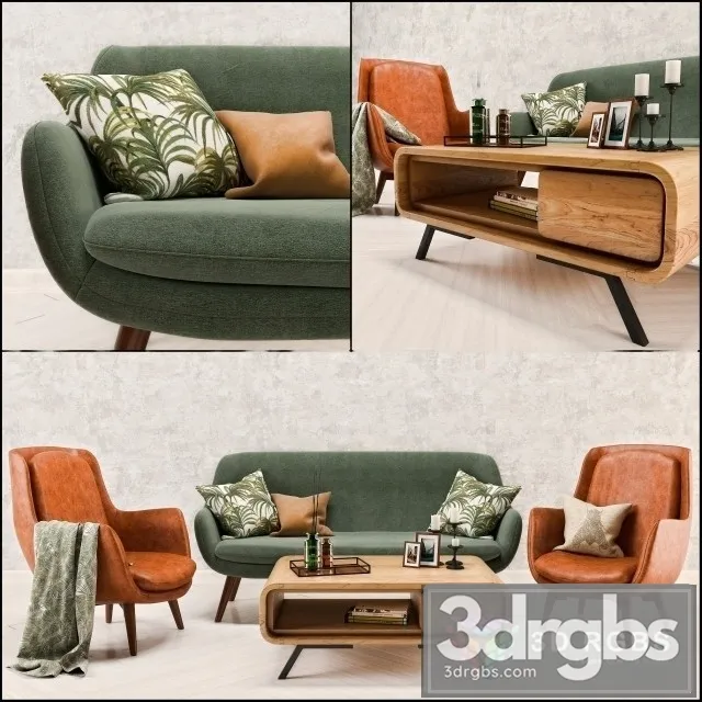 Mid Century Sofa and Chair Set 3D Model Download