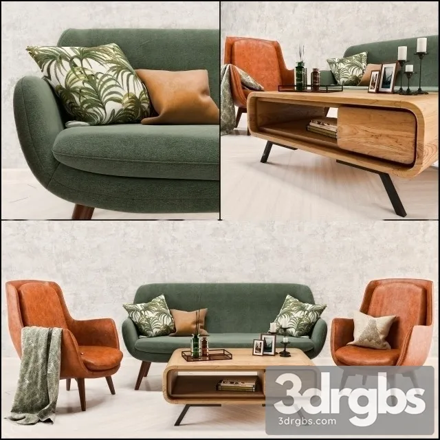 Mid Century Sofa And Chair Set 3D Model Download