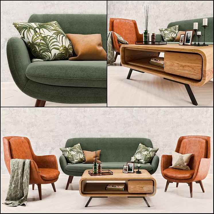 Mid Century Sofa and Chair set 3D Model