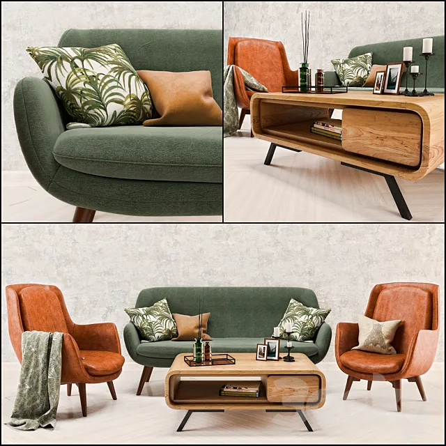 Mid Century Sofa and Chair set 3DModel Mid Century Sofa and Chair set 3DModel
