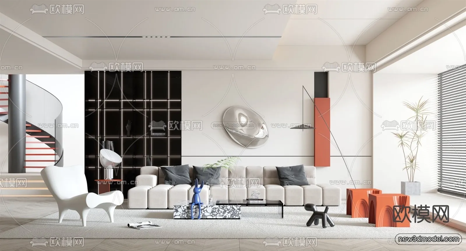 Minimalist Style Interior 3D Blocks – Living Room 3D Model – 056 – VRAY