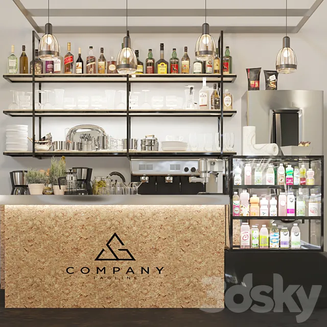 Minimalistic design of a pub with strong alcohol and a coffee machine. Cocktail 3D Model