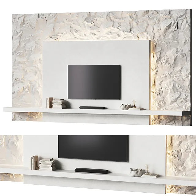Minimalistic TV wall with a stone surface 3D Model