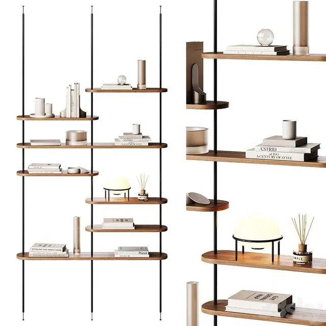 Minimalistic wooden shelving with decor 3D Model