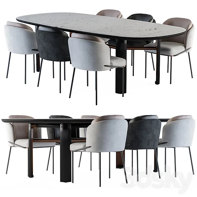 Minotti Dinning – Lou Table and Chair Black and White 3DModel