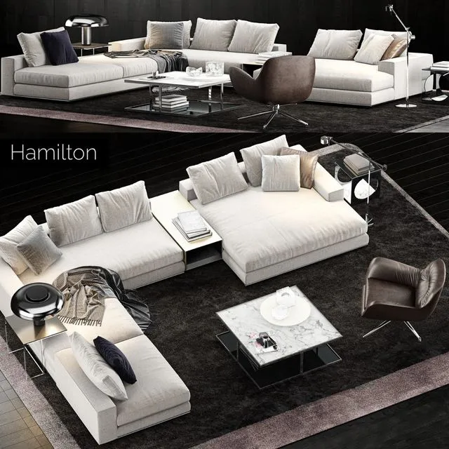 Minotti Hamilton Sofa with table armchair lamp decor 3D Model Minotti Hamilton Sofa with table armchair lamp decor 3D Model