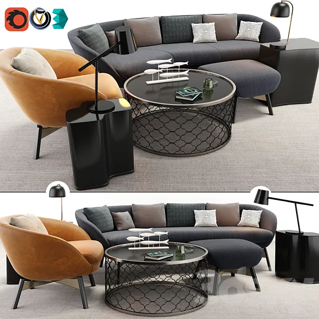 Minotti Russell Arm Chair And Sofa Set 3D Model Minotti Russell Arm Chair And Sofa Set 3D Model