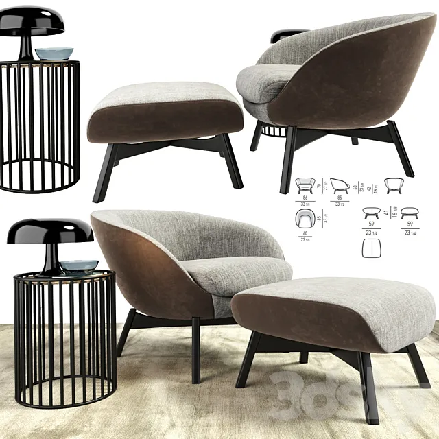 Minotti Russell Arm Chair With Ottoman And Table 3DModel 3DSKY Decor Helper