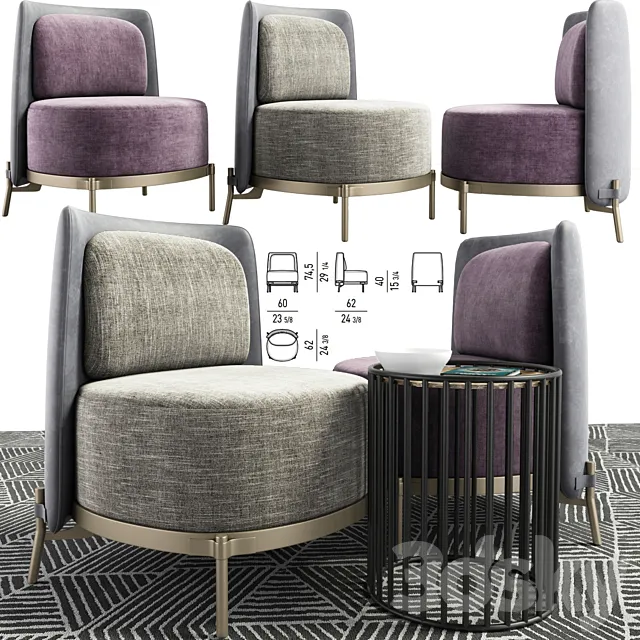 Minotti Tape Armless Chair With Table 3DModel Minotti Tape Armless Chair With Table 3DModel