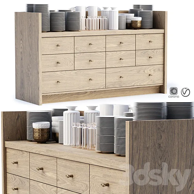 Mira restaurant cabinet with dishes V1 _ Wooden sideboard with dishes 3D Model