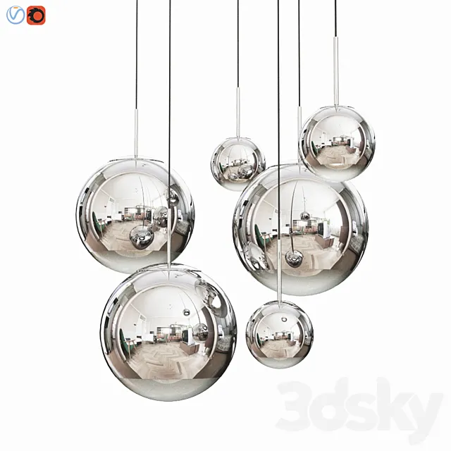 Mirror Ball Pendant Chrome Dinning Light Set 3D Model