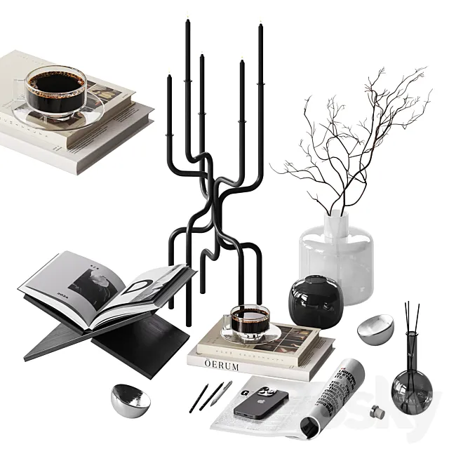 Modern black decorative set with a large candle holder 3D Model Modern black decorative set with a large candle holder 3D Model