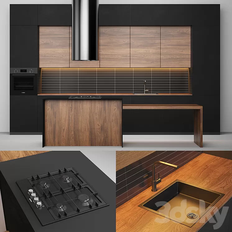 Modern black kitchen 3D Model