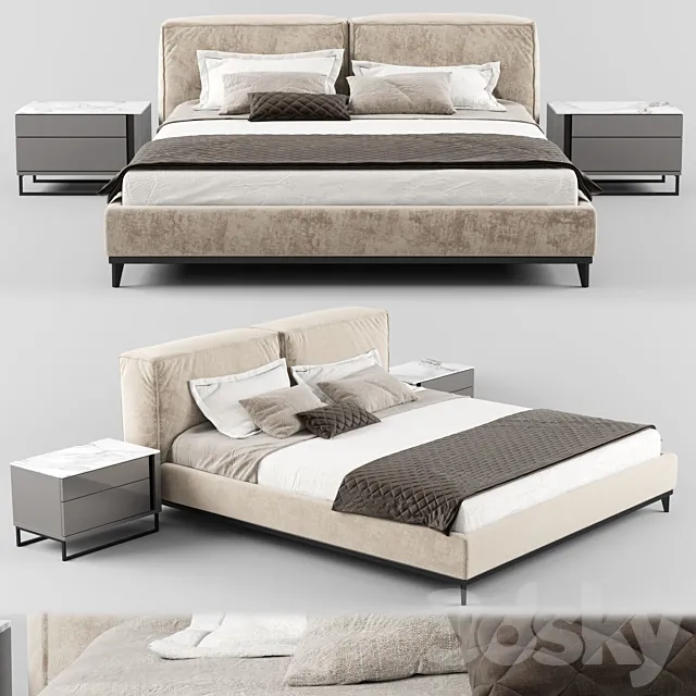 Modern fabric bed with upholstered headboard_01 3D Model Modern fabric bed with upholstered headboard_01 3D Model