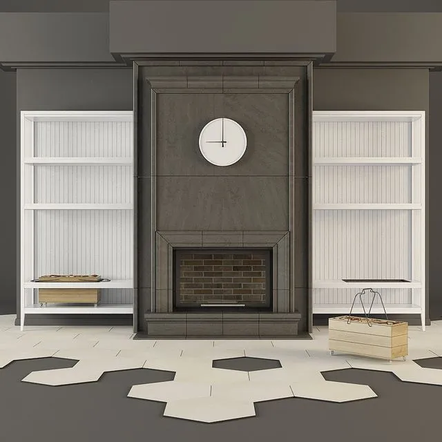 Modern fireplace and shelves 3D Model