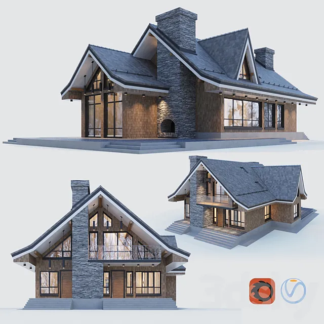 Modern half-timbered house with a residential attic 3D Model