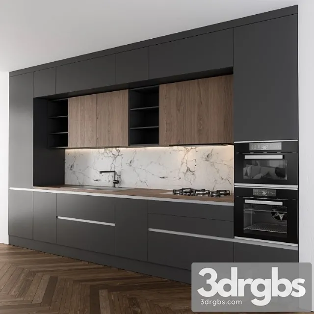 Modern kitchen dark gray and wood 3D Model Download