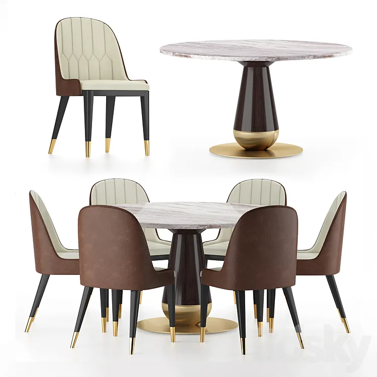 Modern mid century beige leather dining chair & Versace Vasmara Dining Table 3D Model Free Download