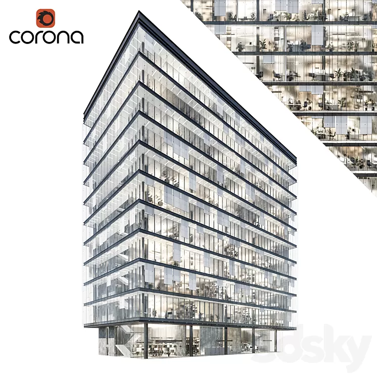 Modern office building 04 | night + interiors 3D Model