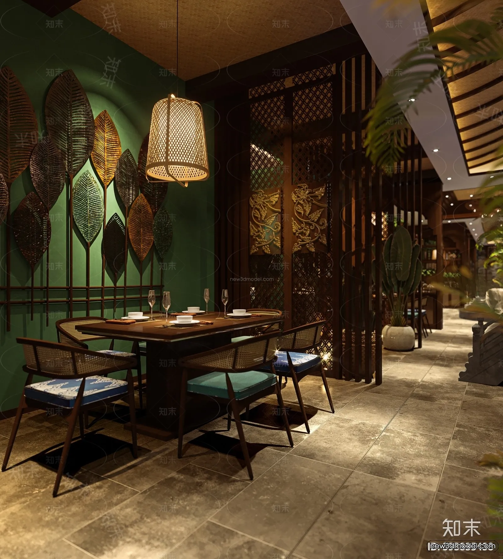 Modern Style Interior 3D Blocks and 3D Models – Asian Restaurant 3D Scene – 1002 – CORONA