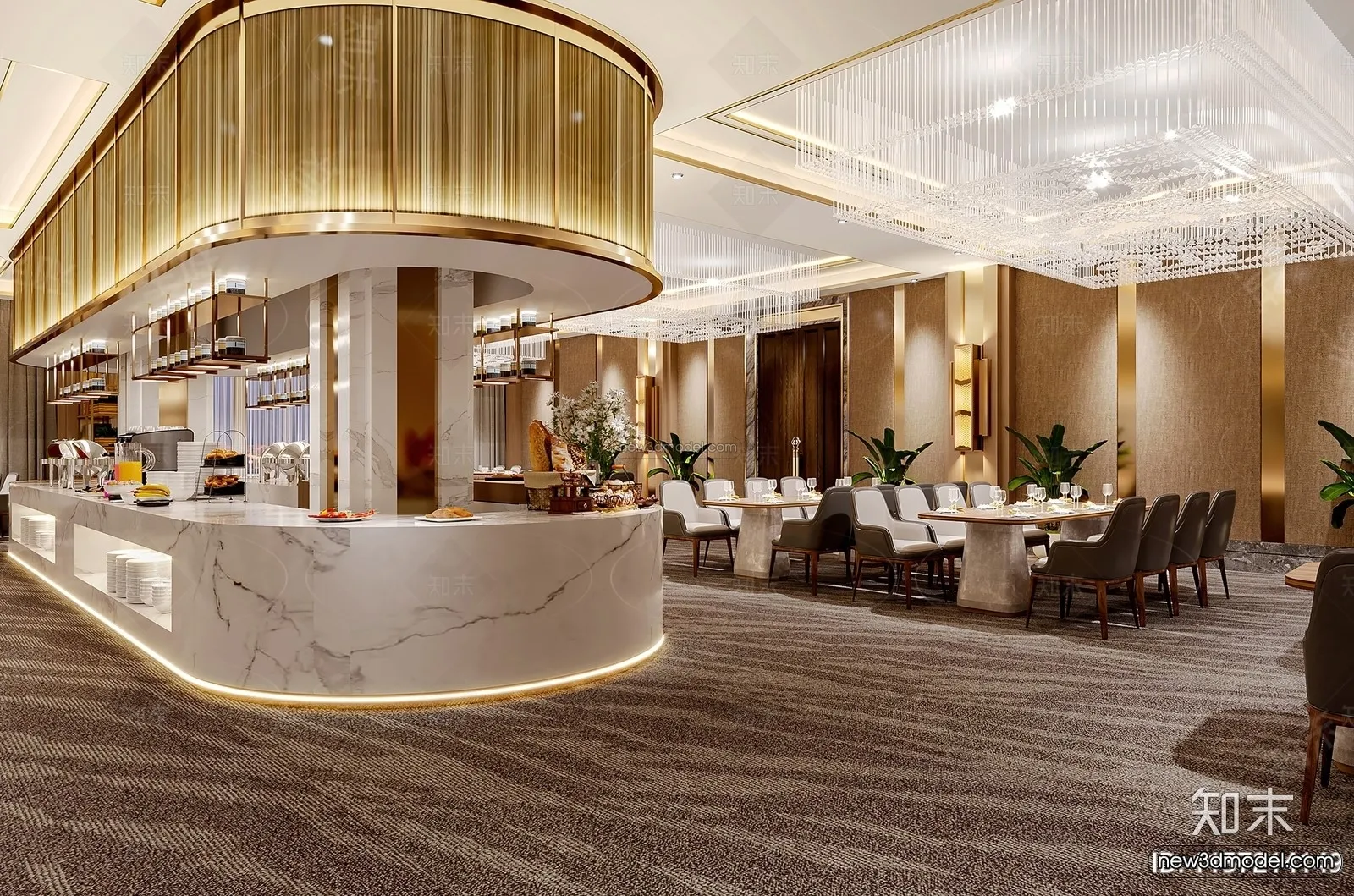Modern Style Interior 3D Blocks and 3D Models – Buffet Restaurant 3D Scene – 802 – CORONA