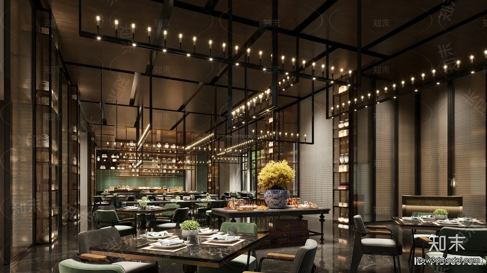 Modern Style Interior 3D Blocks and 3D Models – Buffet Restaurant 3D Scene – 805 – CORONA