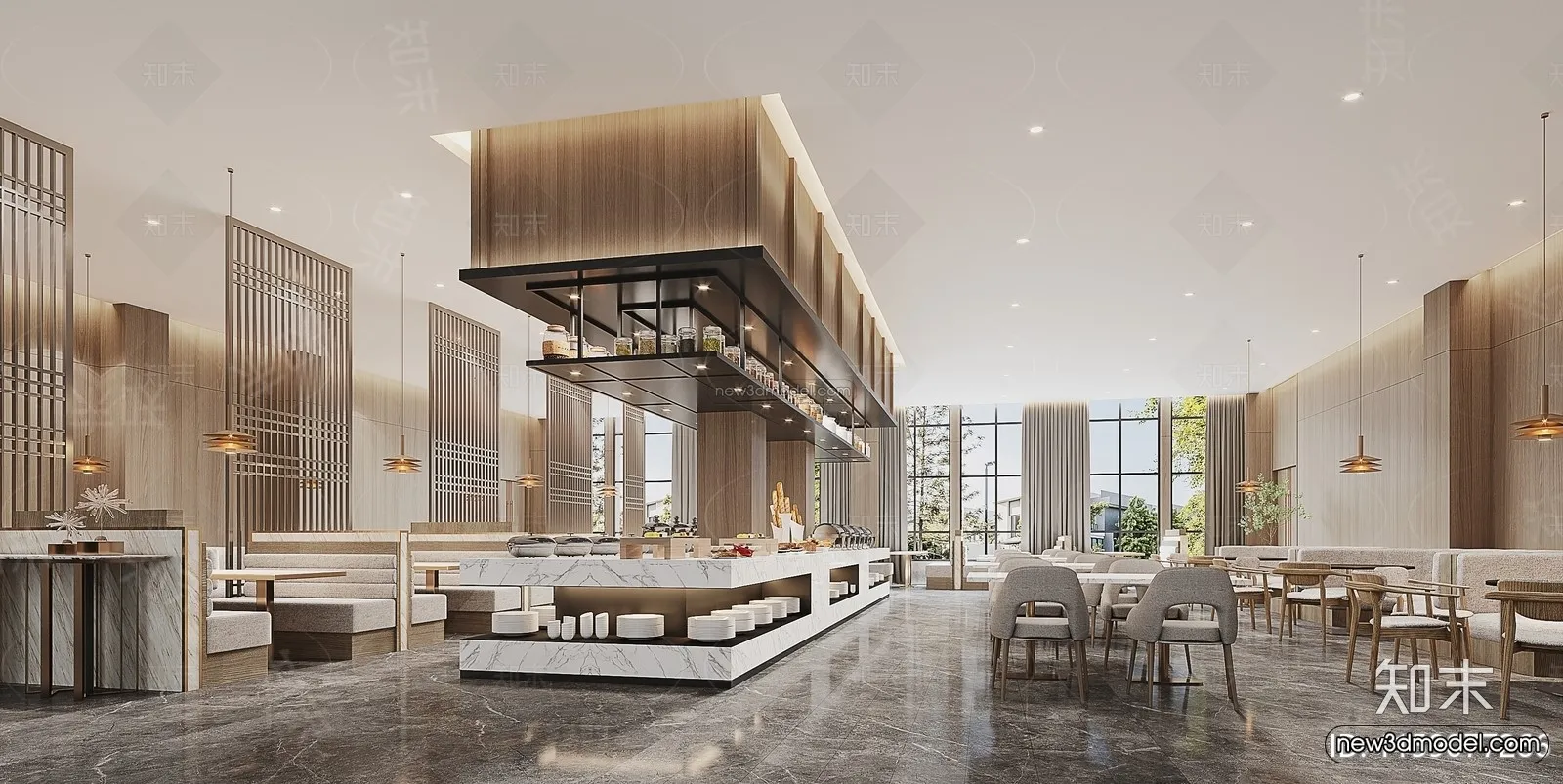 Modern Style Interior 3D Blocks and 3D Models – Buffet Restaurant 3D Scene – 806 – CORONA