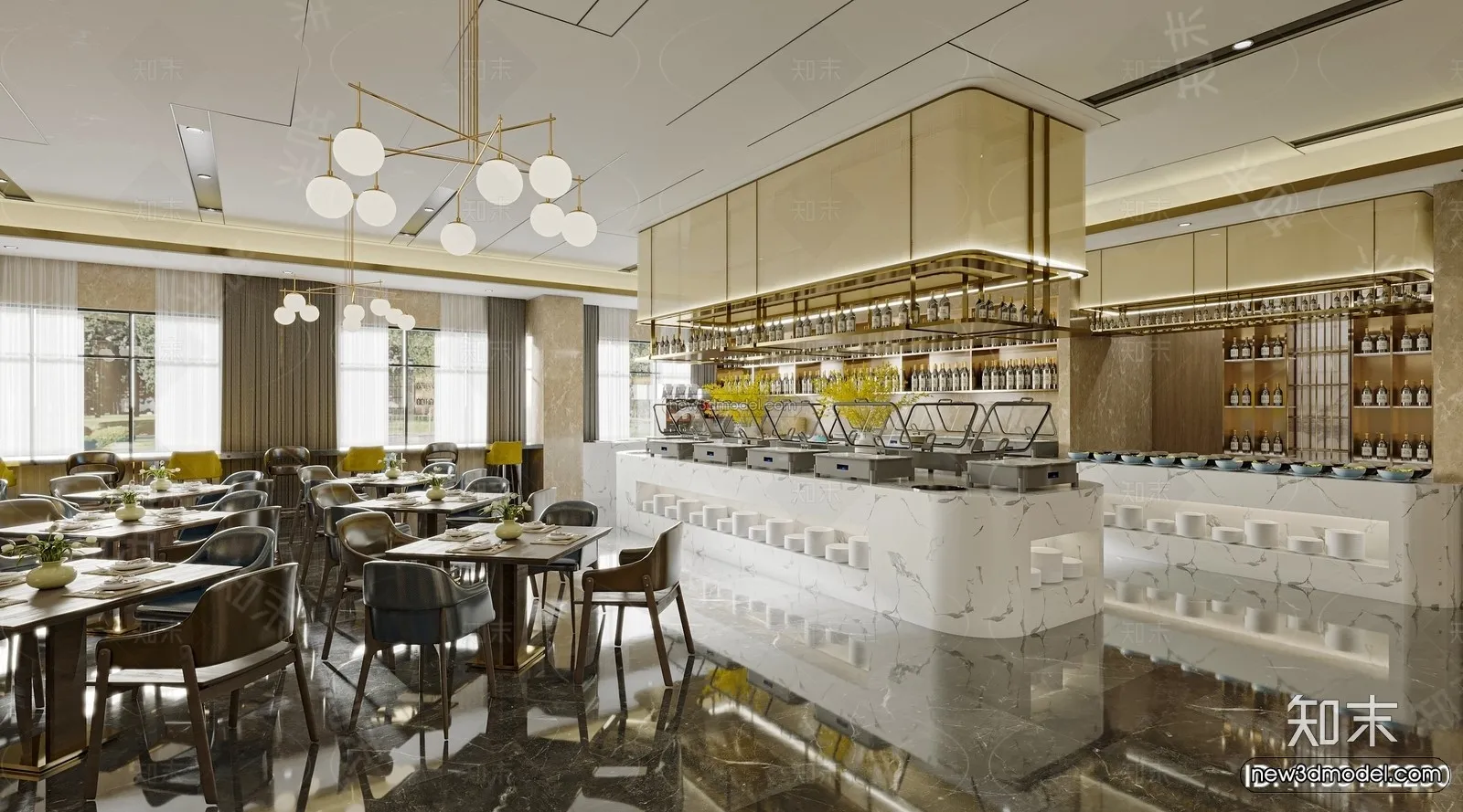Modern Style Interior 3D Blocks and 3D Models – Buffet Restaurant 3D Scene – 807 – CORONA