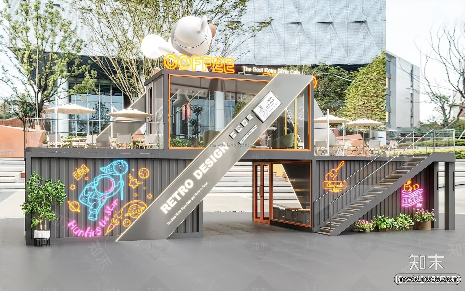 Modern Style Interior 3D Blocks and 3D Models – Container Coffee Shop 3D Scene – 887 – CORONA