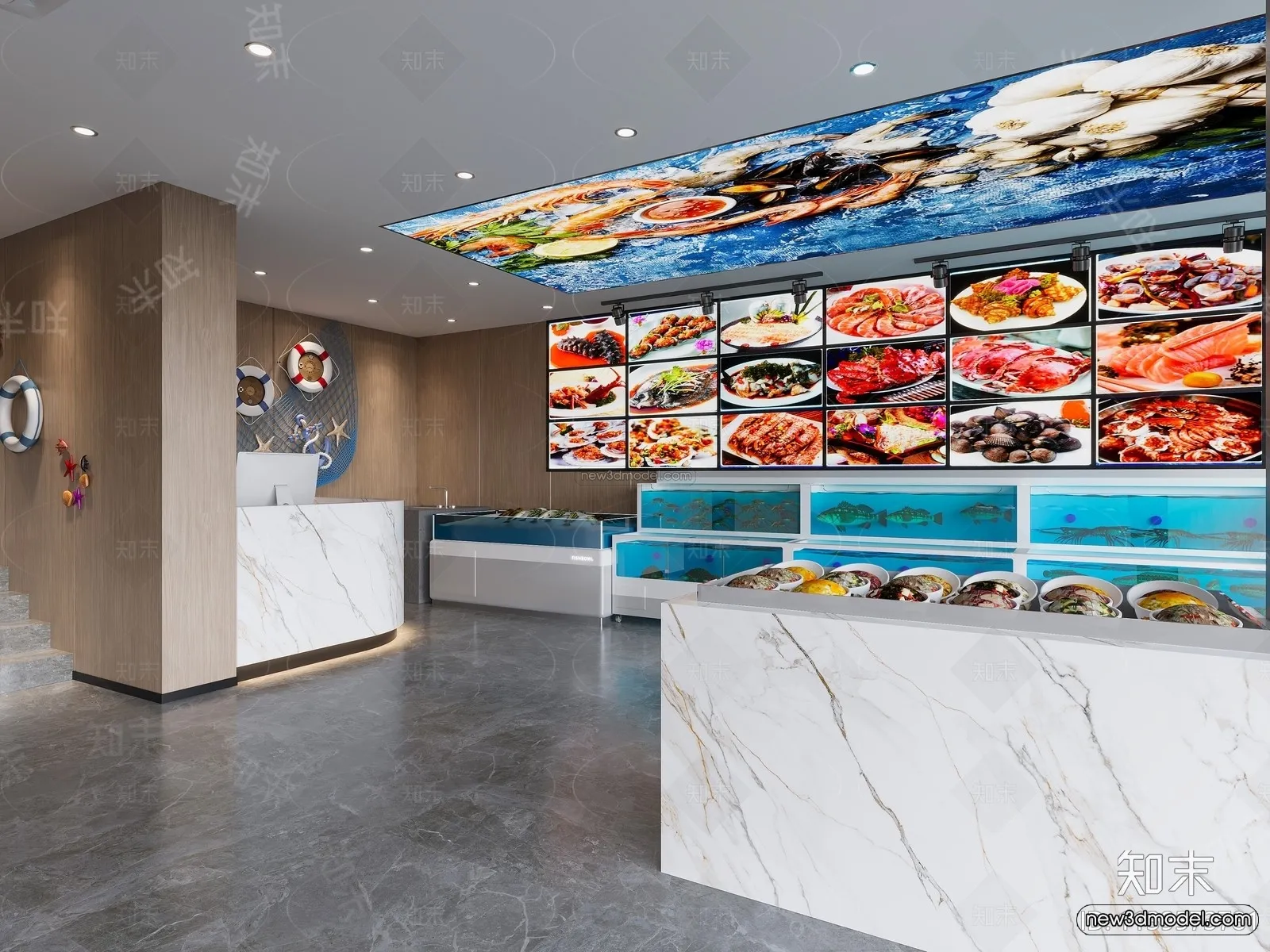 Modern Style Interior 3D Blocks and 3D Models – Seafood Restaurant 3D Scene – 1013 – CORONA
