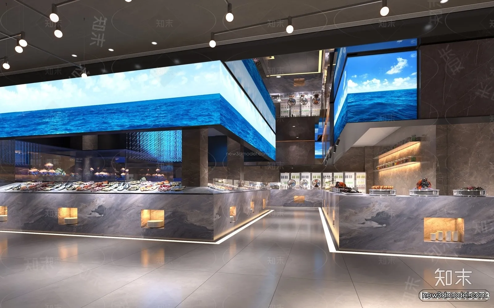 Modern Style Interior 3D Blocks and 3D Models – Seafood Restaurant 3D Scene – 1017 – CORONA