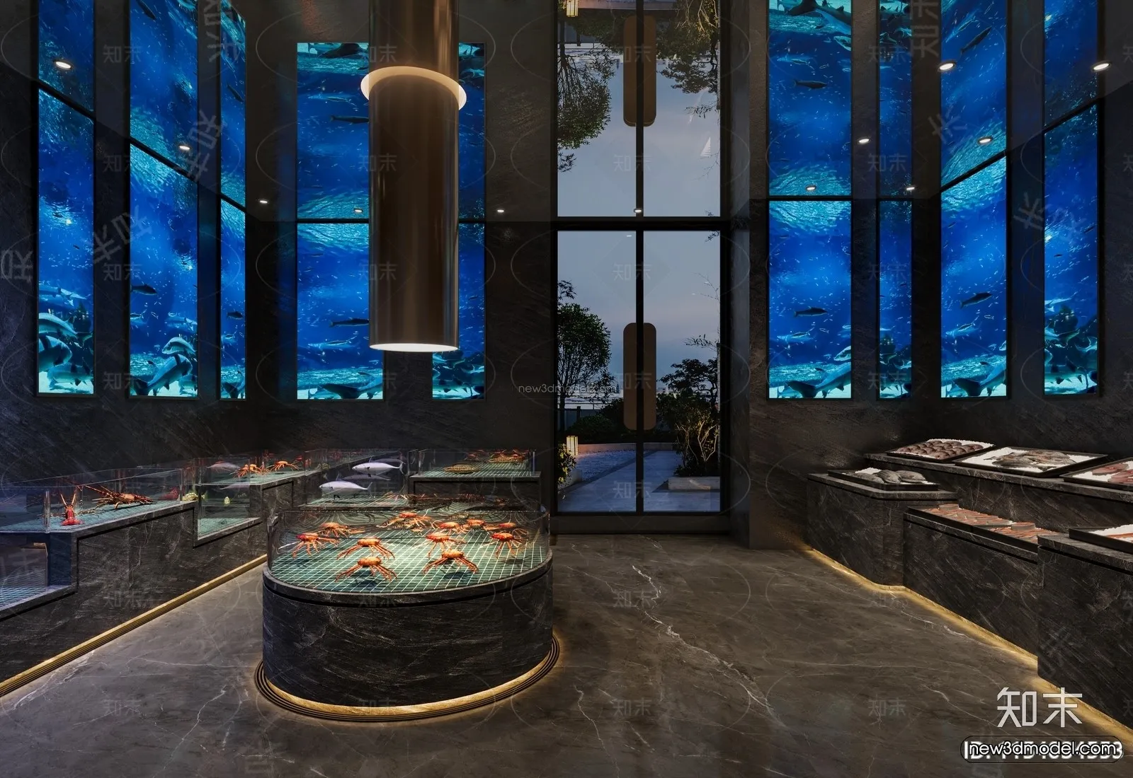 Modern Style Interior 3D Blocks and 3D Models – Seafood Restaurant 3D Scene – 1018 – CORONA