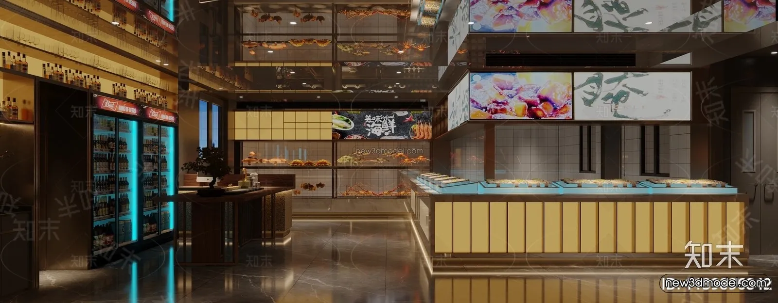 Modern Style Interior 3D Blocks and 3D Models – Seafood Restaurant 3D Scene – 1019 – CORONA
