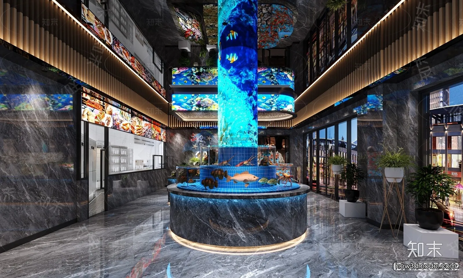 Modern Style Interior 3D Blocks and 3D Models – Seafood Restaurant 3D Scene – 1020 – CORONA