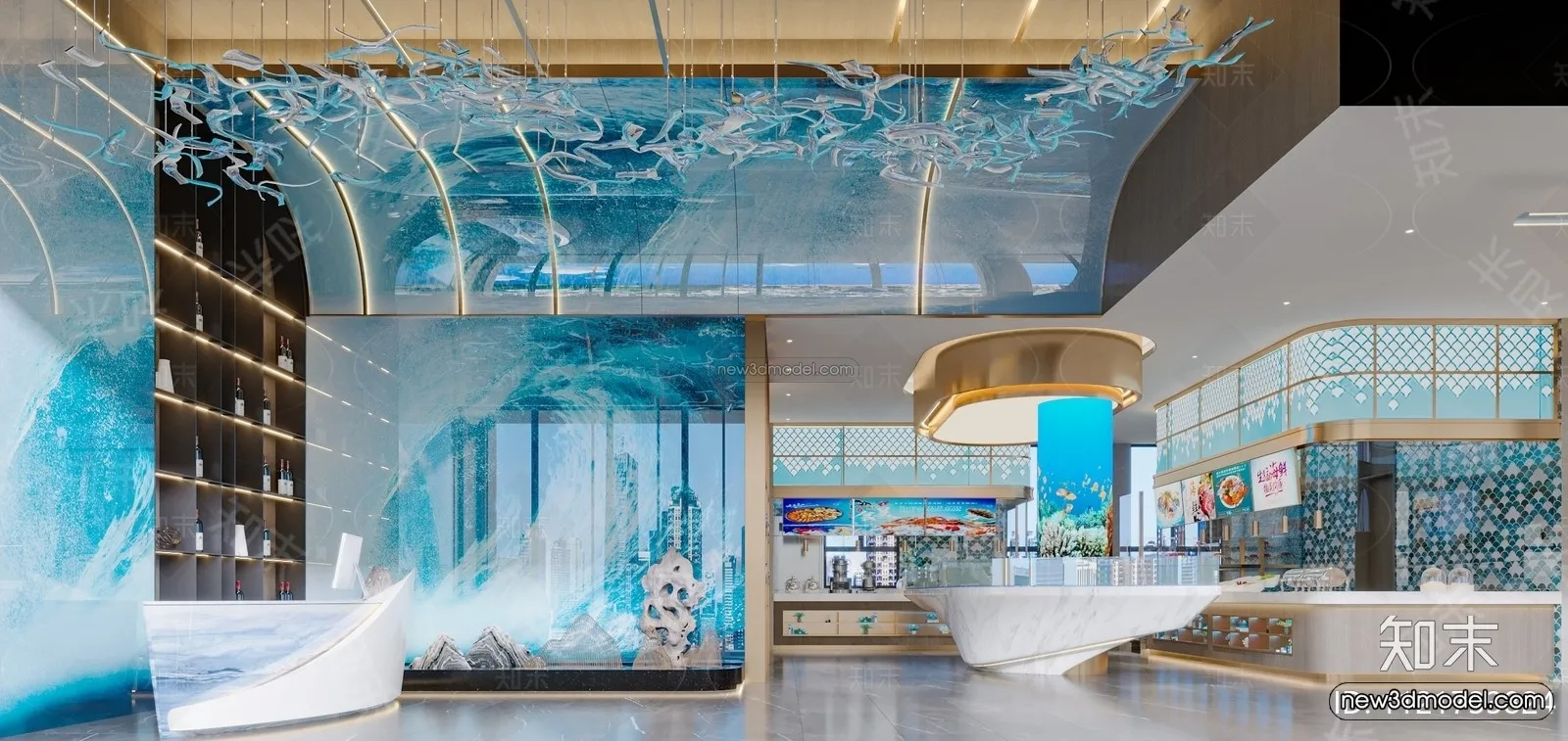 Modern Style Interior 3D Blocks and 3D Models – Seafood Restaurant 3D Scene – 1022 – CORONA