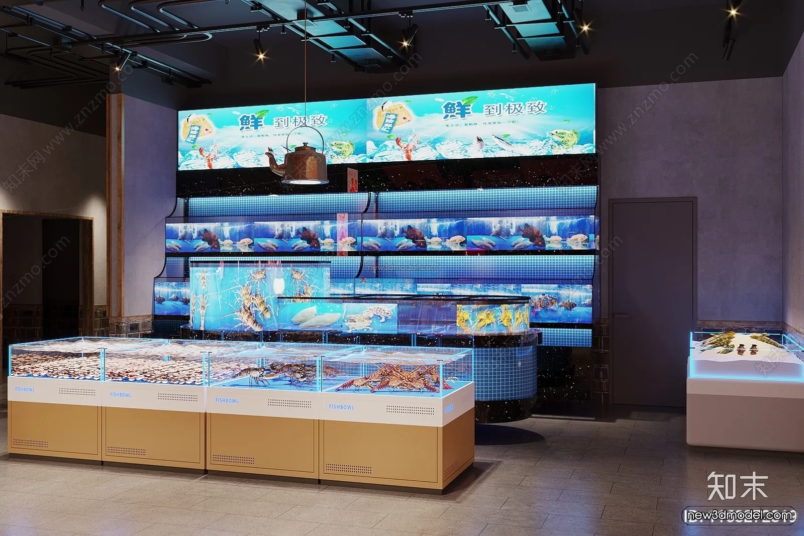 Modern Style Interior 3D Blocks and 3D Models – Seafood Restaurant 3D Scene – 1023 – CORONA