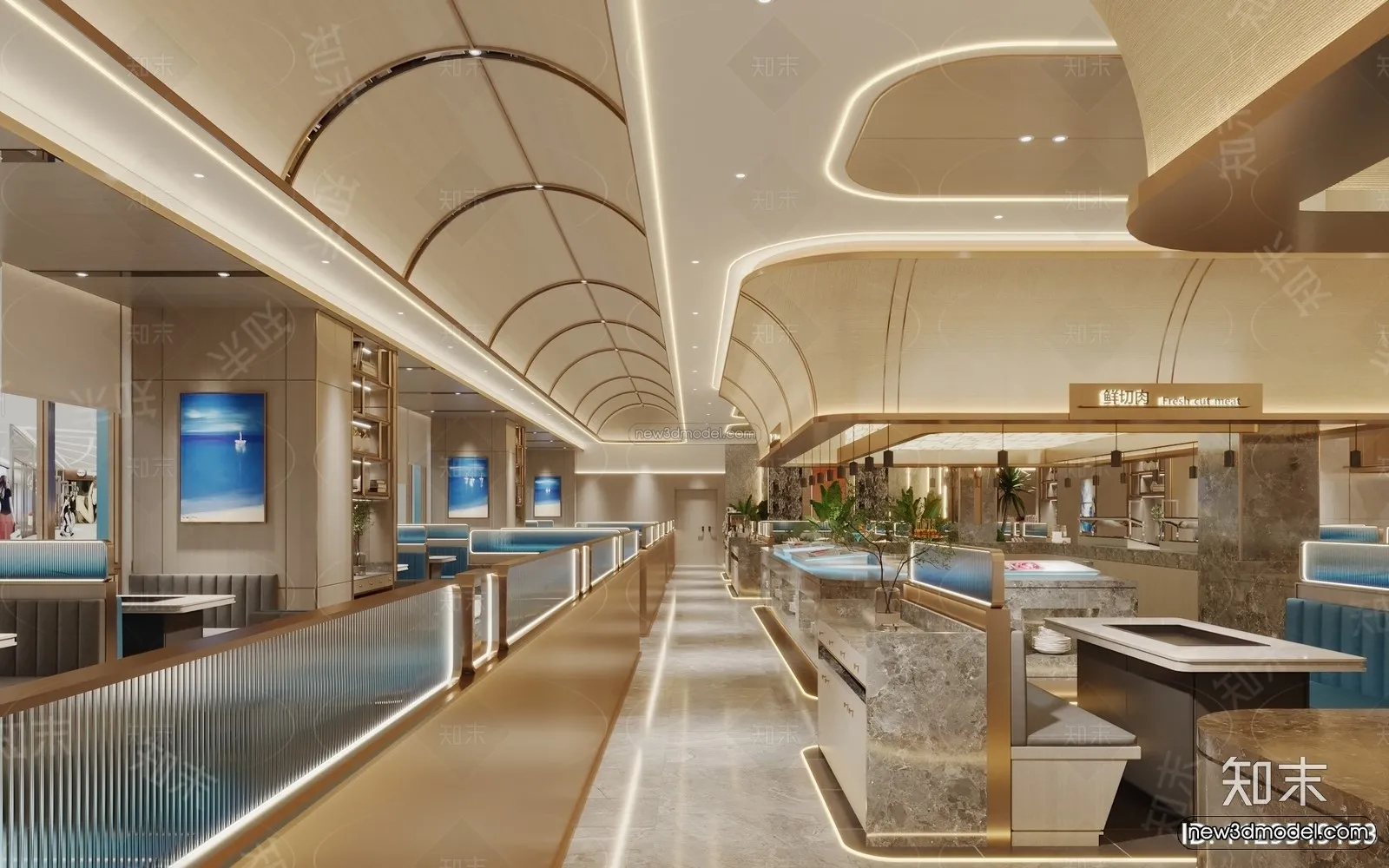 Modern Style Interior 3D Blocks and 3D Models – Seafood Restaurant 3D Scene – 1026 – CORONA