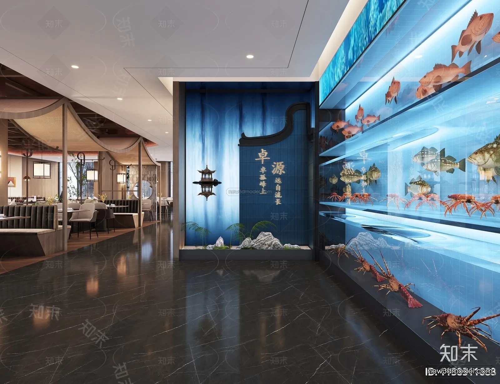 Modern Style Interior 3D Blocks and 3D Models – Seafood Restaurant 3D Scene – 1031 – CORONA