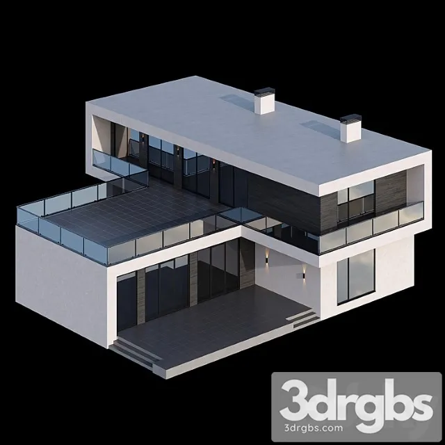 Modern two-storey cottage with a flat roof and a large bauhaus-style terrace 3D Model Download Modern two-storey cottage with a flat roof and a large bauhaus-style terrace 3D Model Download